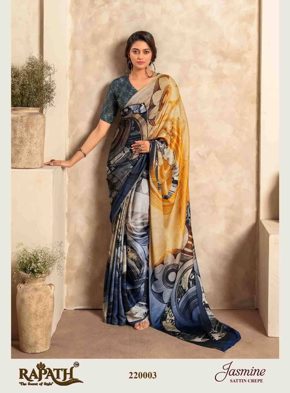 Jasmine By Rajpath 220001 To 220006 Series Indian Traditional Wear Collection Beautiful Stylish Fancy Colorful Party Wear & Occasional Wear Satin Crepe Sarees At Wholesale Price