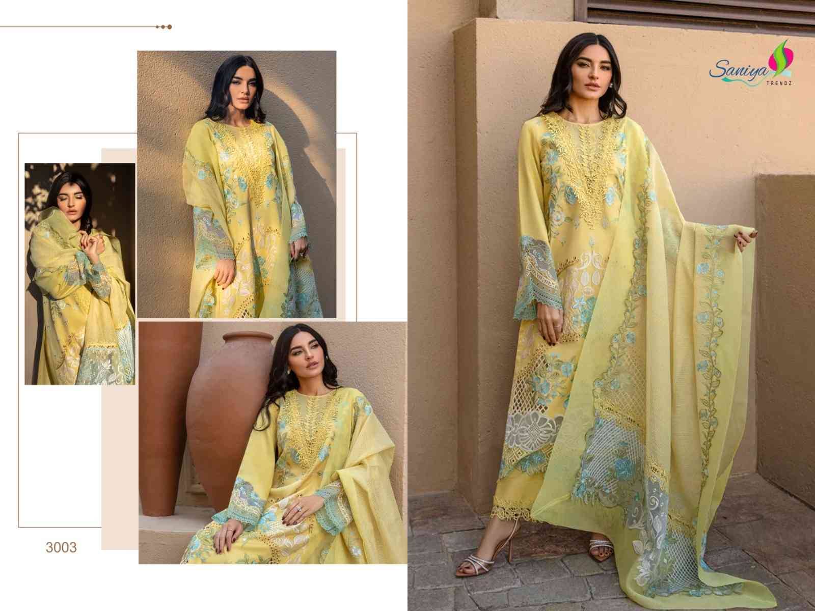 Rang Rasiya Vol-3 Nx By Saniya Trendz 3001 To 3003 Series Designer Pakistani Suits Beautiful Stylish Fancy Colorful Party Wear & Occasional Wear Pure Cotton Print Embroidered Dresses At Wholesale Price