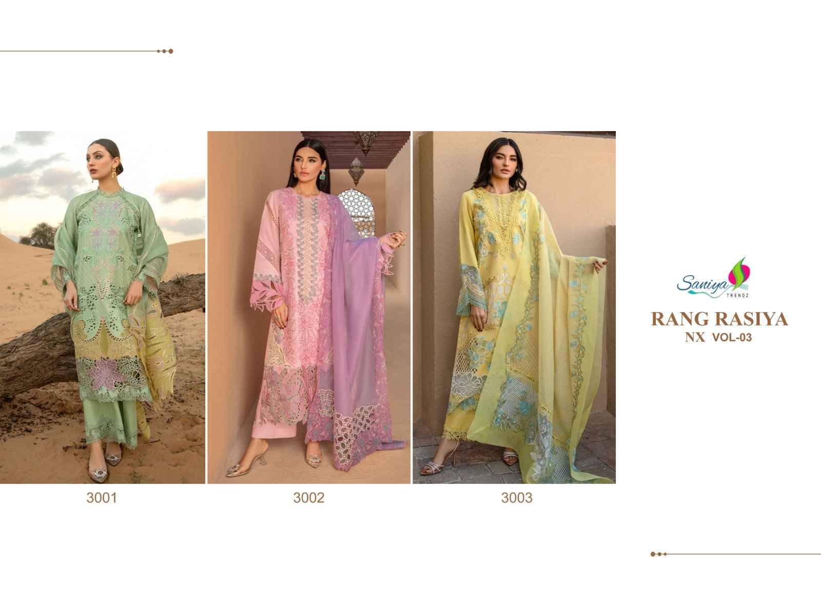 Rang Rasiya Vol-3 Nx By Saniya Trendz 3001 To 3003 Series Designer Pakistani Suits Beautiful Stylish Fancy Colorful Party Wear & Occasional Wear Pure Cotton Print Embroidered Dresses At Wholesale Price