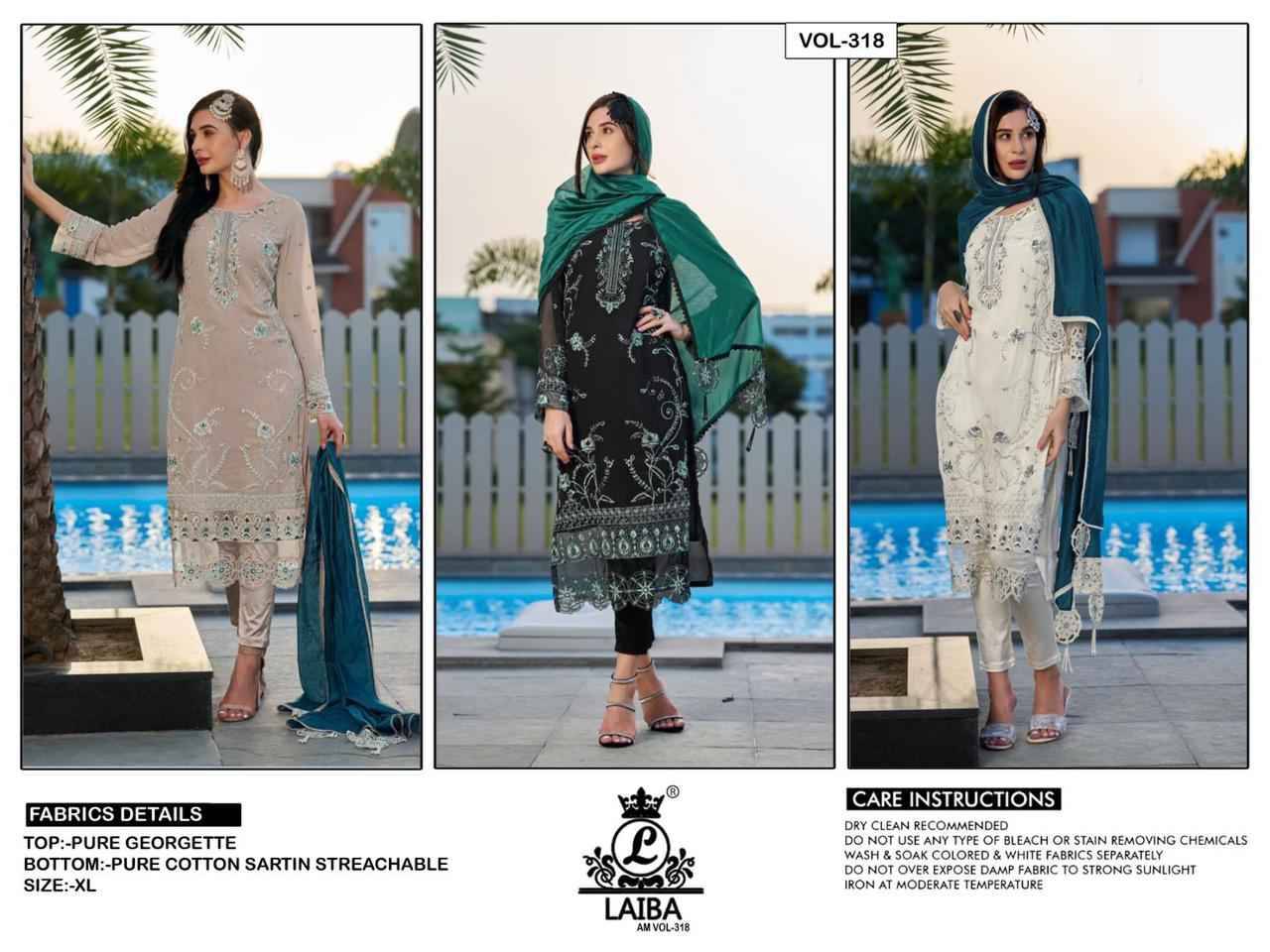 AM Vol-318 By Laiba 318-A To 318-C Series Beautiful Pakistani Suits Colorful Stylish Fancy Casual Wear & Ethnic Wear Pure Georgette Embroidered Dresses At Wholesale Price