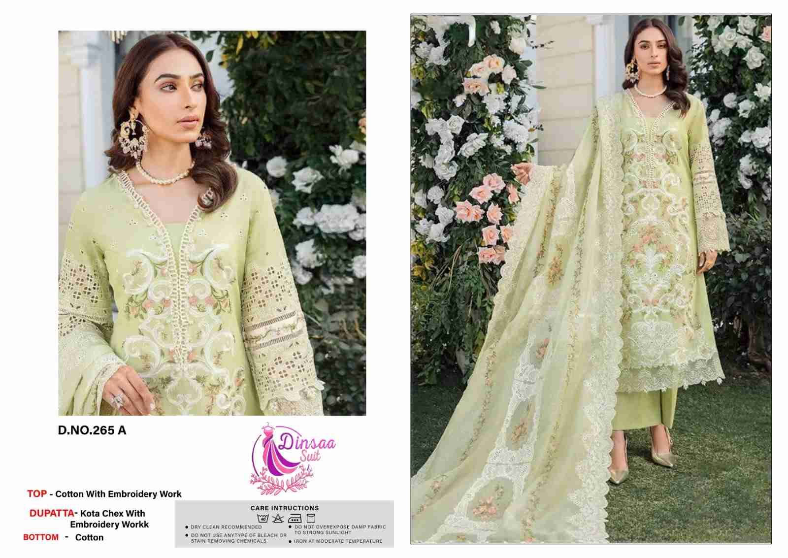 Dinsaa Hit Design 265 Colours By Dinsaa Suits 265-A To 265-D Series Beautiful Pakistani Suits Colorful Stylish Fancy Casual Wear & Ethnic Wear Cotton Embroidered Dresses At Wholesale Price