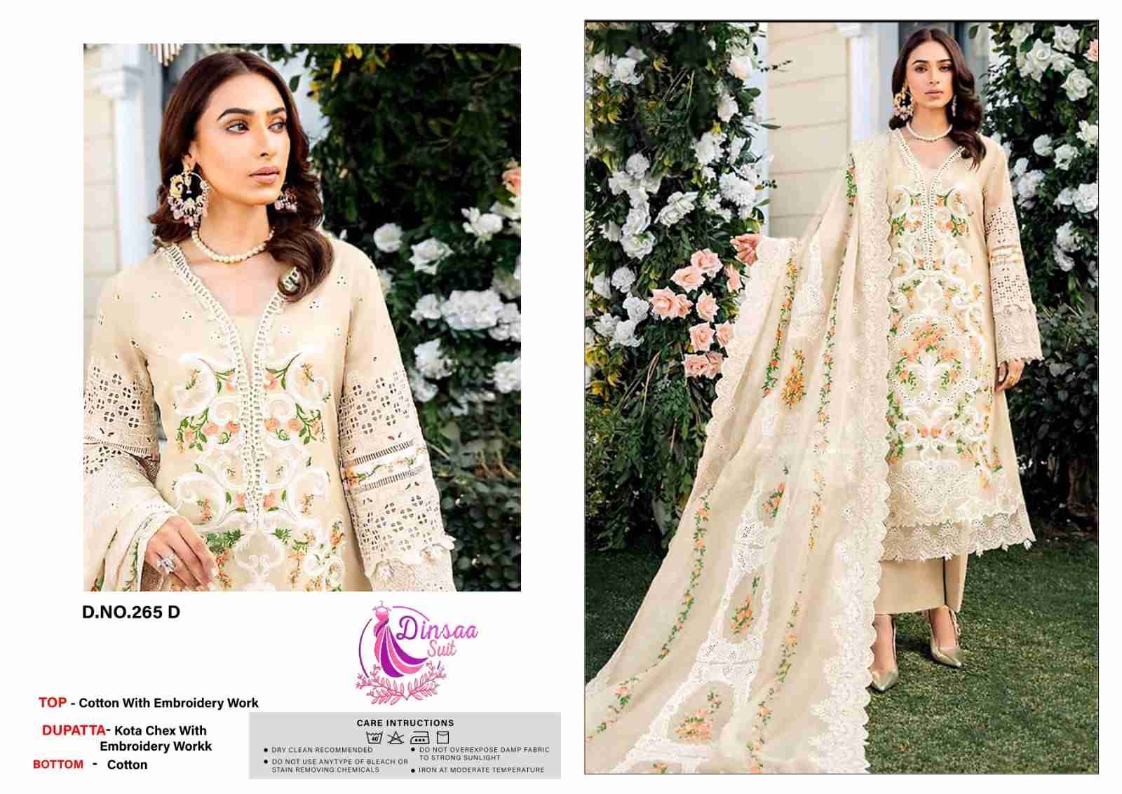 Dinsaa Hit Design 265 Colours By Dinsaa Suits 265-A To 265-D Series Beautiful Pakistani Suits Colorful Stylish Fancy Casual Wear & Ethnic Wear Cotton Embroidered Dresses At Wholesale Price