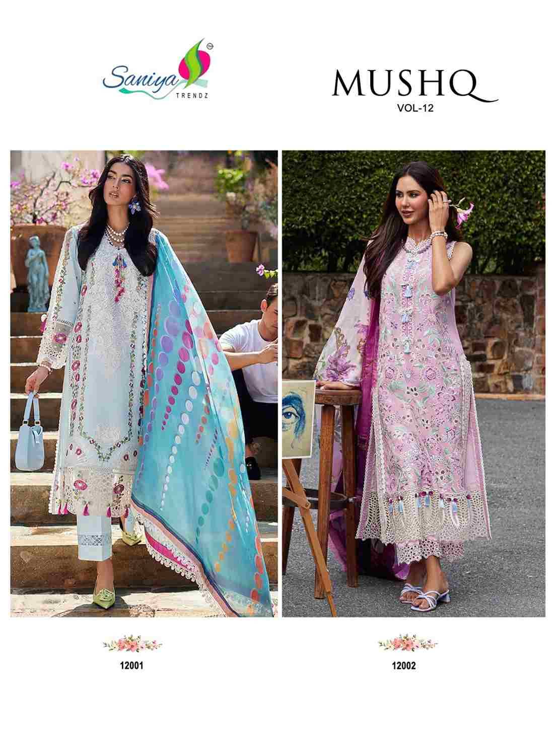 Mushq Vol-12 By Saniya Trendz 12001 To 12002 Series Beautiful Pakistani Suits Colorful Stylish Fancy Casual Wear & Ethnic Wear Cotton Embroidered Dresses At Wholesale Price