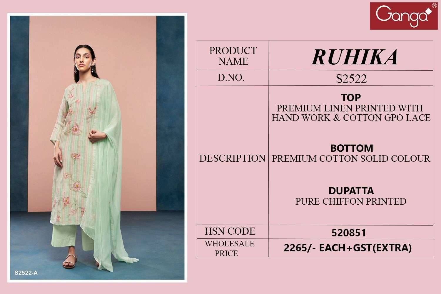 Ruhika-2522 By Ganga Fashion 2522-A To 2522-D Series Designer Festive Suits Beautiful Fancy Colorful Stylish Party Wear & Occasional Wear Pure Linen Dresses At Wholesale Price