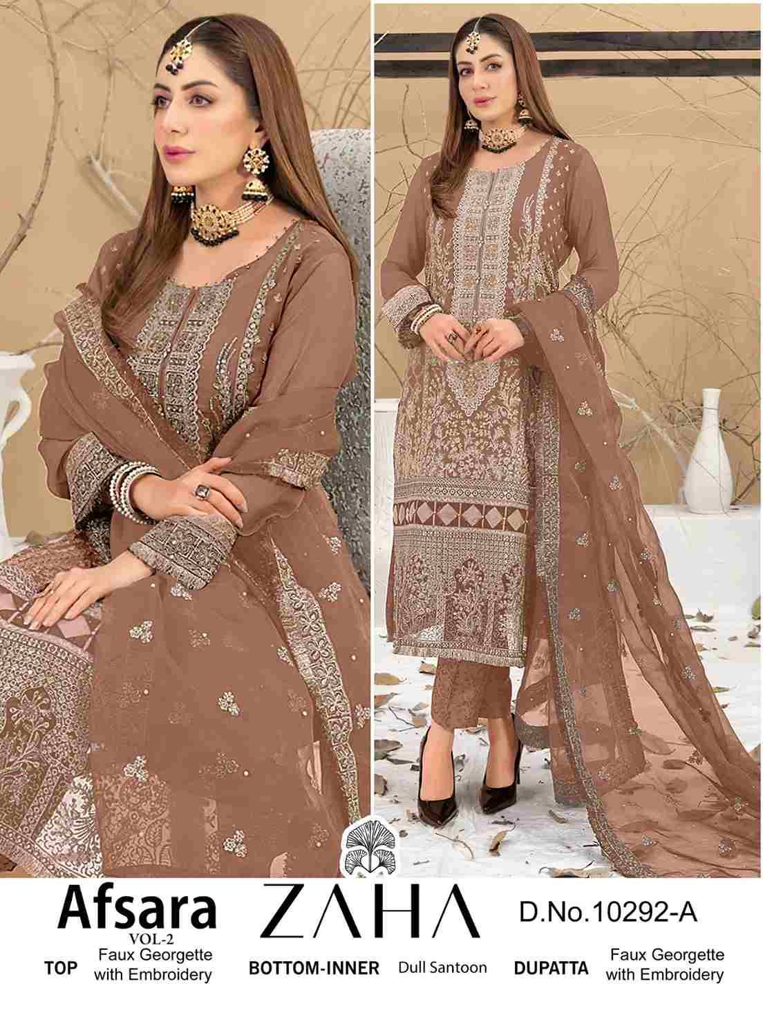 Afsara Vol-2 By Zaha 10292-A To 10292-D Series Beautiful Pakistani Suits Stylish Fancy Colorful Party Wear & Occasional Wear Faux Georgette With Embroidery Dresses At Wholesale Price