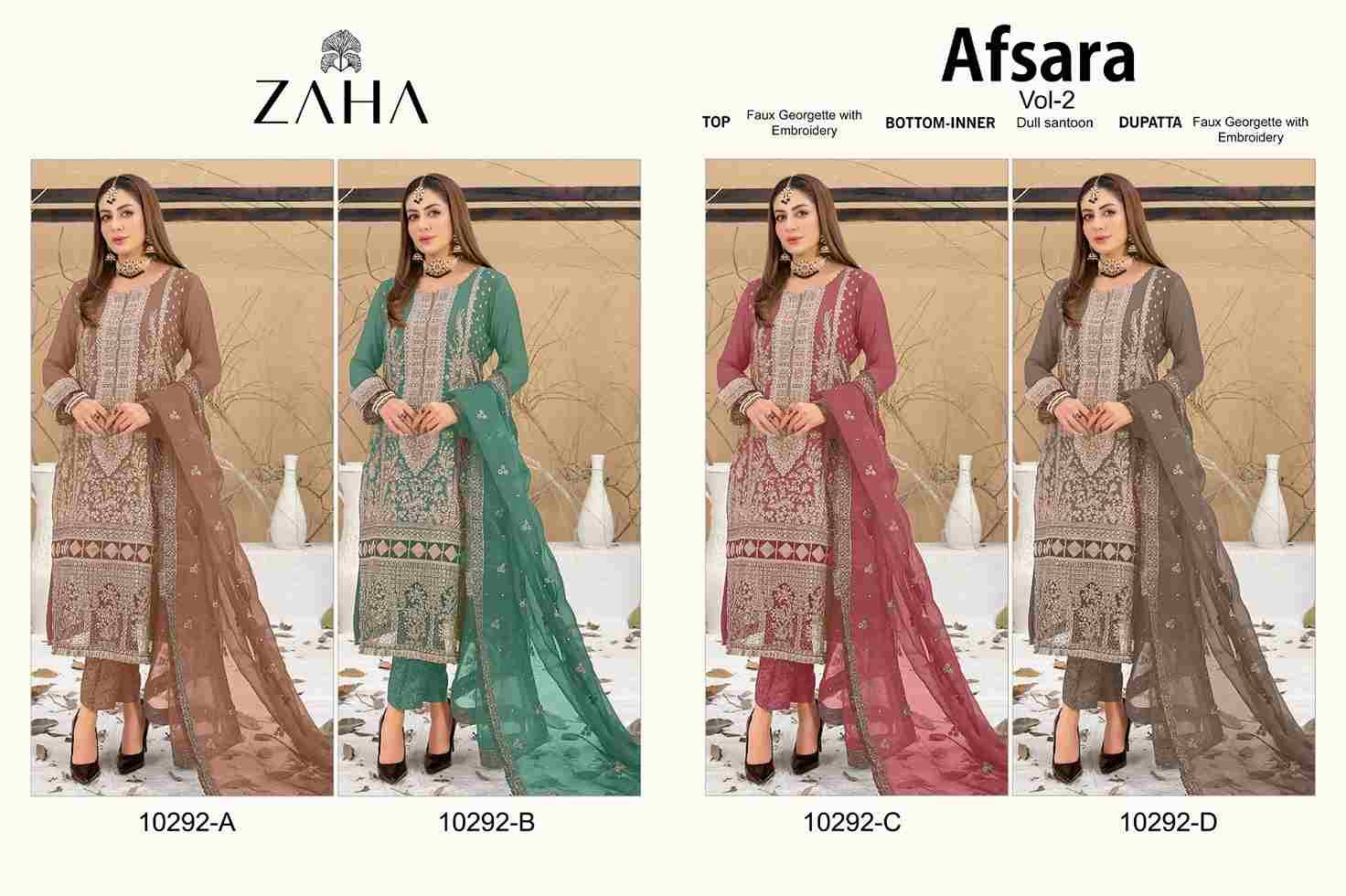 Afsara Vol-2 By Zaha 10292-A To 10292-D Series Beautiful Pakistani Suits Stylish Fancy Colorful Party Wear & Occasional Wear Faux Georgette With Embroidery Dresses At Wholesale Price