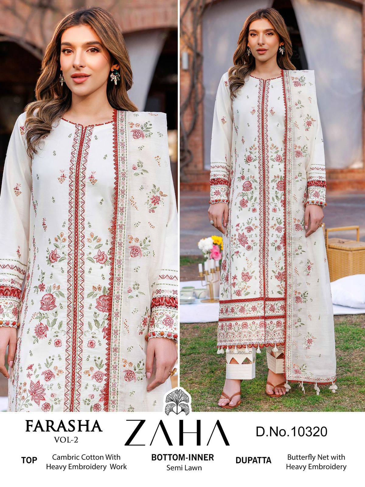 Farasha Vol-2 By Zaha 10318 To 10321 Series Beautiful Pakistani Suits Stylish Fancy Colorful Party Wear & Occasional Wear Cambric Cotton With Embroidery Dresses At Wholesale Price