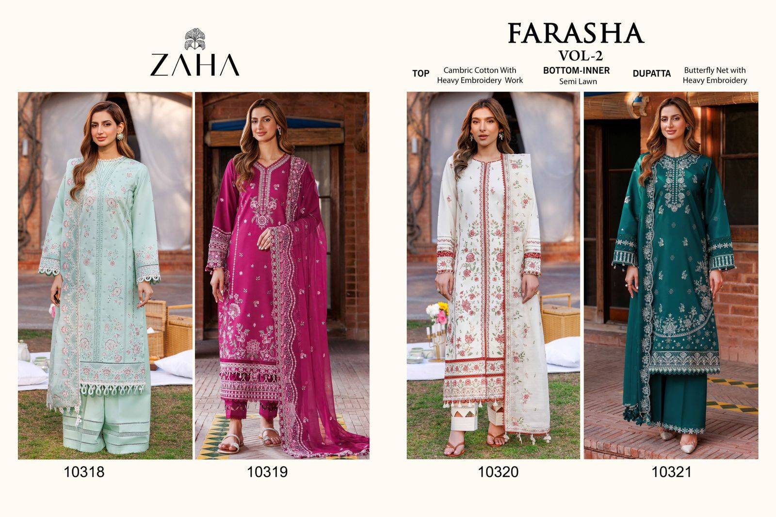 Farasha Vol-2 By Zaha 10318 To 10321 Series Beautiful Pakistani Suits Stylish Fancy Colorful Party Wear & Occasional Wear Cambric Cotton With Embroidery Dresses At Wholesale Price