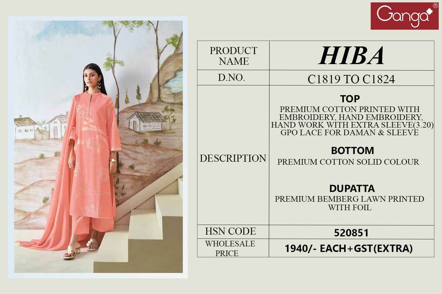 Hiba By Ganga Fashion 1819 To 1824 Series Designer Festive Suits Beautiful Fancy Colorful Stylish Party Wear & Occasional Wear Cotton Silk Dresses At Wholesale Price