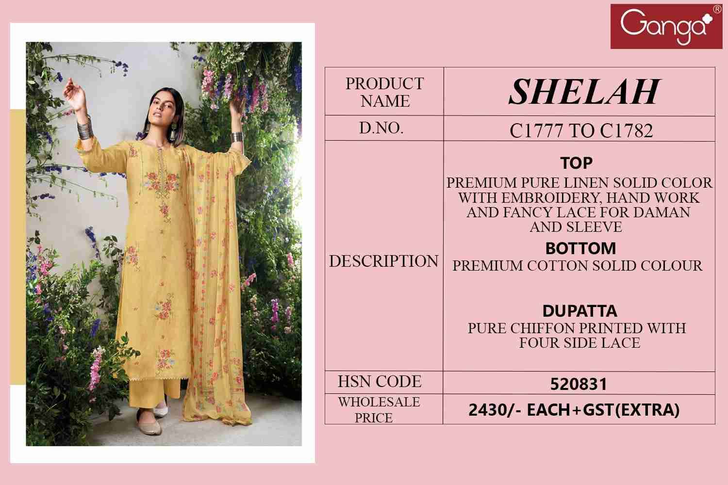 Shelah By Ganga Fashion 1777 To 1782 Series Designer Festive Suits Beautiful Fancy Colorful Stylish Party Wear & Occasional Wear Pure Linen Dresses At Wholesale Price