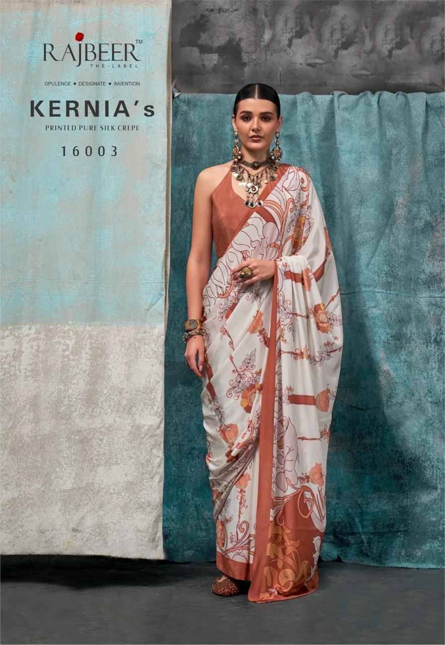 Kernias By Rajbeer 16001 To 16010 Series Indian Traditional Wear Collection Beautiful Stylish Fancy Colorful Party Wear & Occasional Wear Pure Crepe Sarees At Wholesale Price