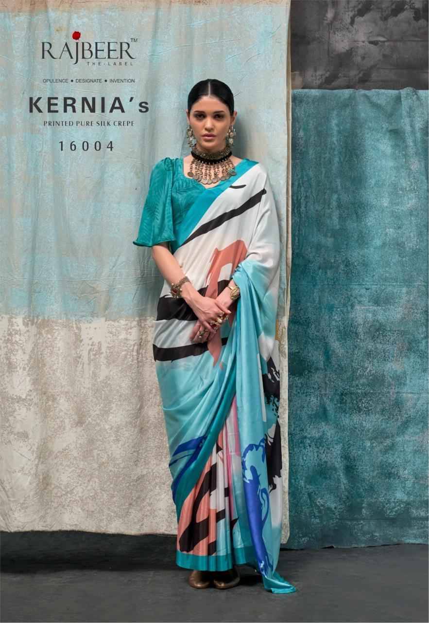 Kernias By Rajbeer 16001 To 16010 Series Indian Traditional Wear Collection Beautiful Stylish Fancy Colorful Party Wear & Occasional Wear Pure Crepe Sarees At Wholesale Price