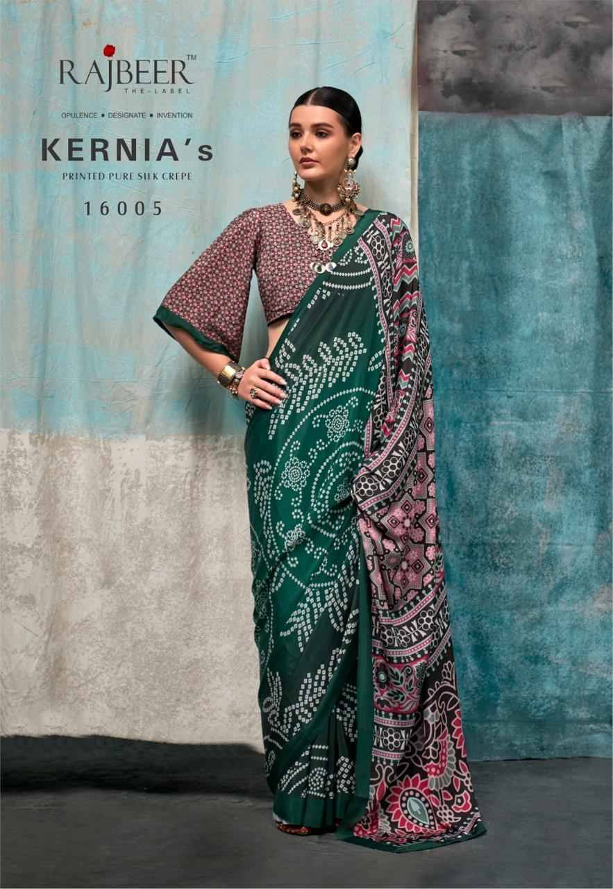 Kernias By Rajbeer 16001 To 16010 Series Indian Traditional Wear Collection Beautiful Stylish Fancy Colorful Party Wear & Occasional Wear Pure Crepe Sarees At Wholesale Price