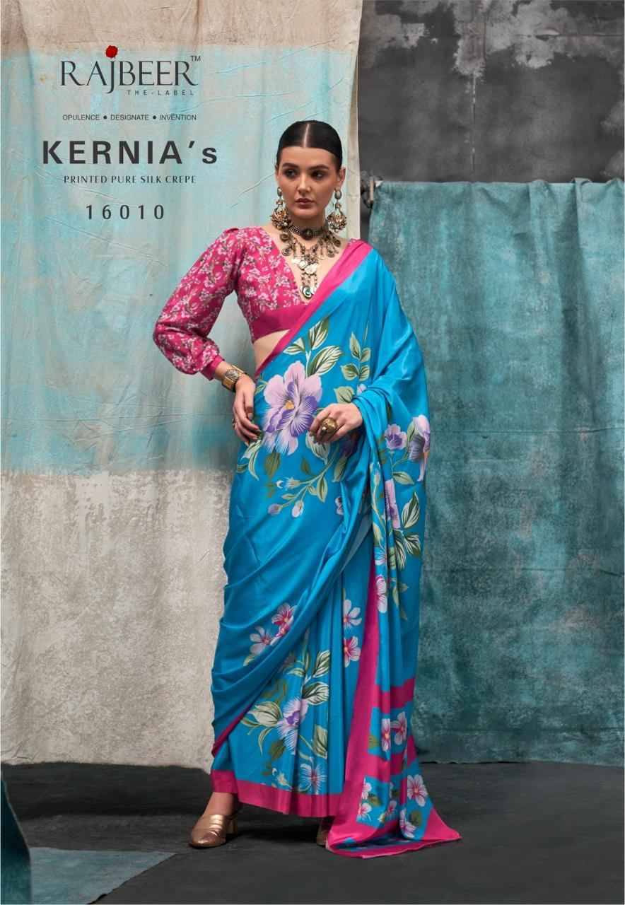 Kernias By Rajbeer 16001 To 16010 Series Indian Traditional Wear Collection Beautiful Stylish Fancy Colorful Party Wear & Occasional Wear Pure Crepe Sarees At Wholesale Price