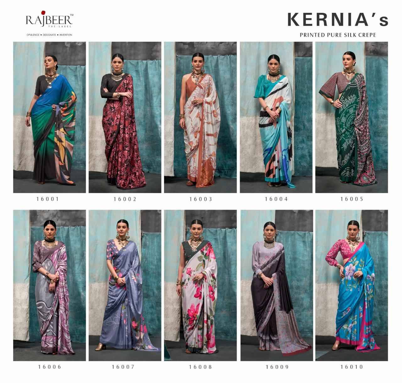 Kernias By Rajbeer 16001 To 16010 Series Indian Traditional Wear Collection Beautiful Stylish Fancy Colorful Party Wear & Occasional Wear Pure Crepe Sarees At Wholesale Price