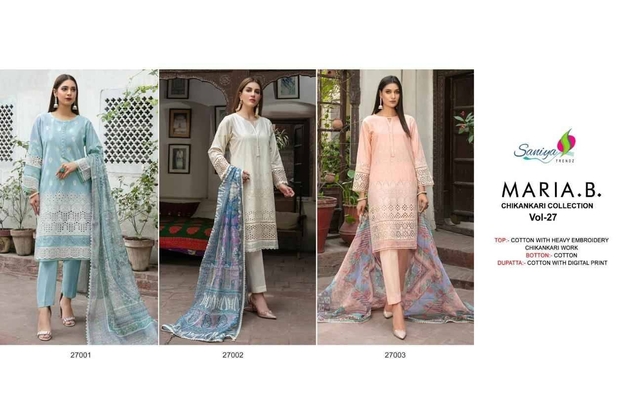 Maria.B. Chikankari Collection Vol-27 By Saniya Trendz 27001 To 27003 Series Beautiful Pakistani Suits Colorful Stylish Fancy Casual Wear & Ethnic Wear Cotton Embroidered Dresses At Wholesale Price