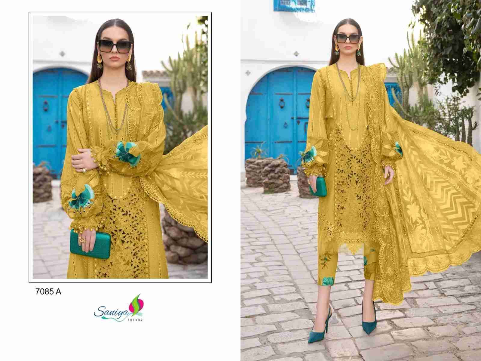 Saniya Trendz Hit Design 7085 Colours By Saniya Trendz 7085-A To 7085-E Series Beautiful Pakistani Suits Colorful Stylish Fancy Casual Wear & Ethnic Wear Cotton Embroidered Dresses At Wholesale Price