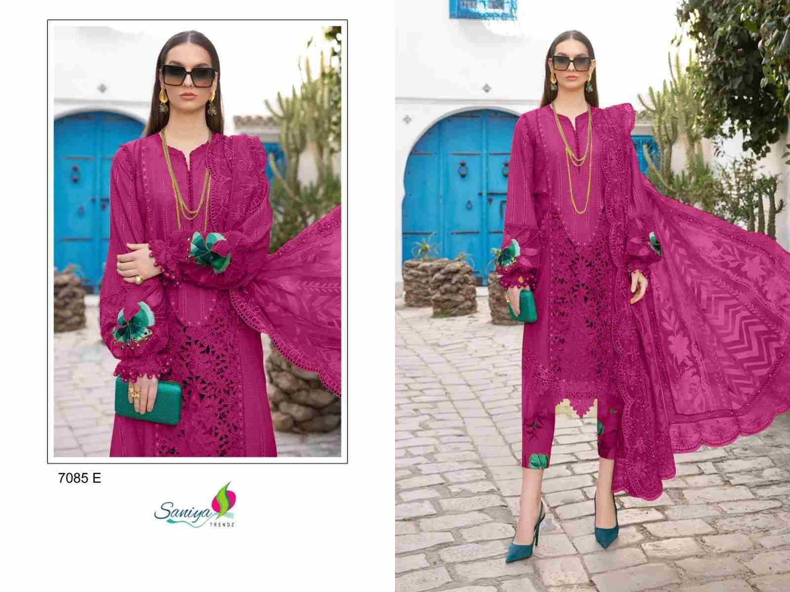 Saniya Trendz Hit Design 7085 Colours By Saniya Trendz 7085-A To 7085-E Series Beautiful Pakistani Suits Colorful Stylish Fancy Casual Wear & Ethnic Wear Cotton Embroidered Dresses At Wholesale Price