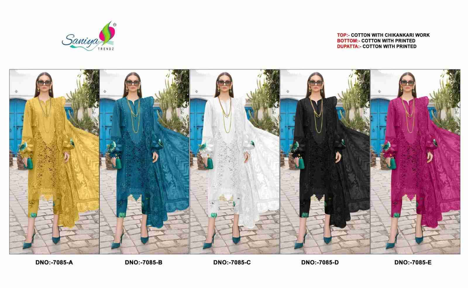 Saniya Trendz Hit Design 7085 Colours By Saniya Trendz 7085-A To 7085-E Series Beautiful Pakistani Suits Colorful Stylish Fancy Casual Wear & Ethnic Wear Cotton Embroidered Dresses At Wholesale Price