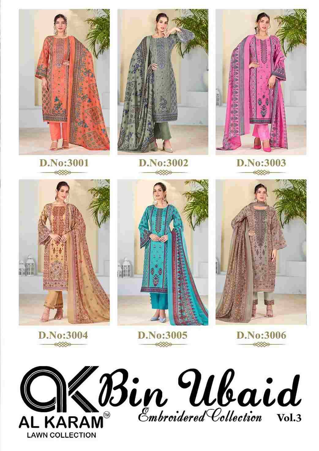 Bin Ubaid Vol-3 By Al Karam Lawn Collection 3001 To 3006 Series Beautiful Pakistani Suits Stylish Fancy Colorful Casual Wear & Ethnic Wear Pure Lawn Print Dresses At Wholesale Price