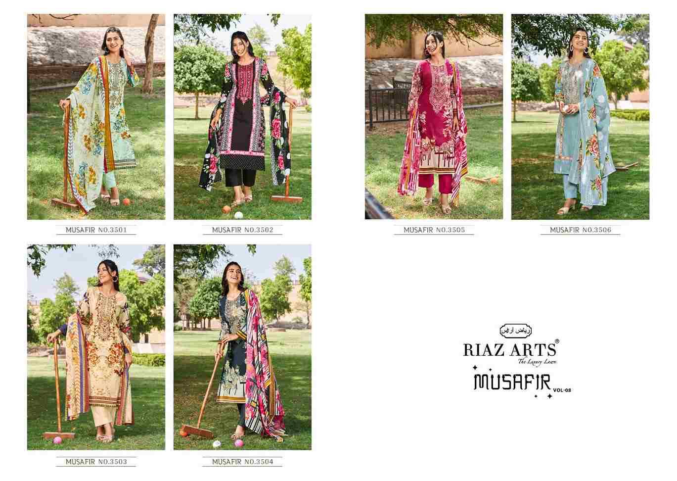 Musafir Vol-8 By Riaz Arts 3501 To 3506 Series Wholesale Designer Pakistani Suits Collection Beautiful Stylish Fancy Colorful Party Wear & Occasional Wear Pure Lawn With Embroidered Dresses At Wholesale Price