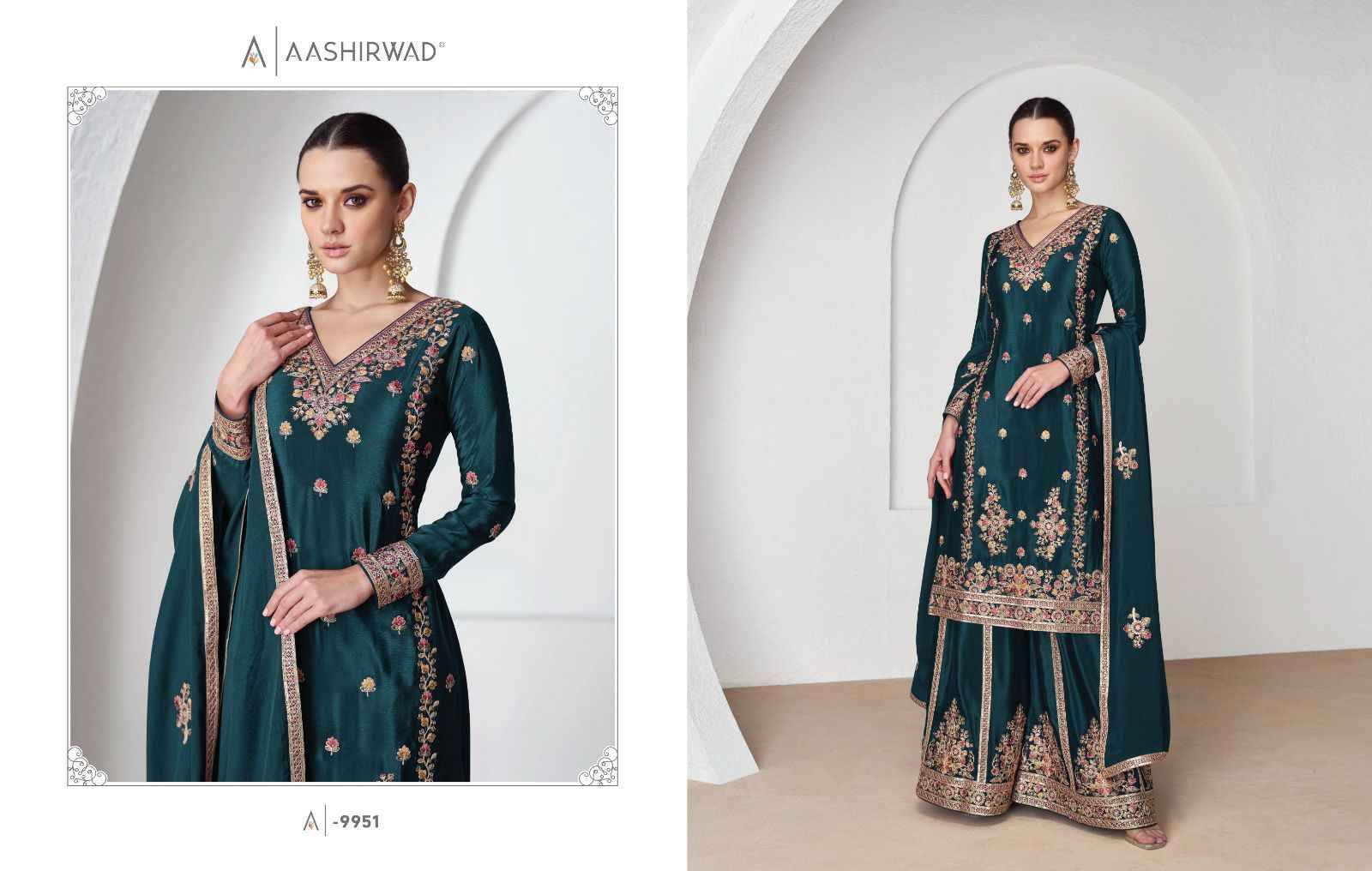 Nazrana By Aashirwad Creation 9951 To 9954 Series Beautiful Sharara Suits Colorful Stylish Fancy Casual Wear & Ethnic Wear Chinnon Silk Embroidered Dresses At Wholesale Price