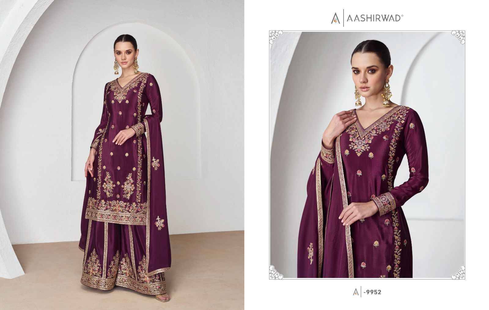 Nazrana By Aashirwad Creation 9951 To 9954 Series Beautiful Sharara Suits Colorful Stylish Fancy Casual Wear & Ethnic Wear Chinnon Silk Embroidered Dresses At Wholesale Price