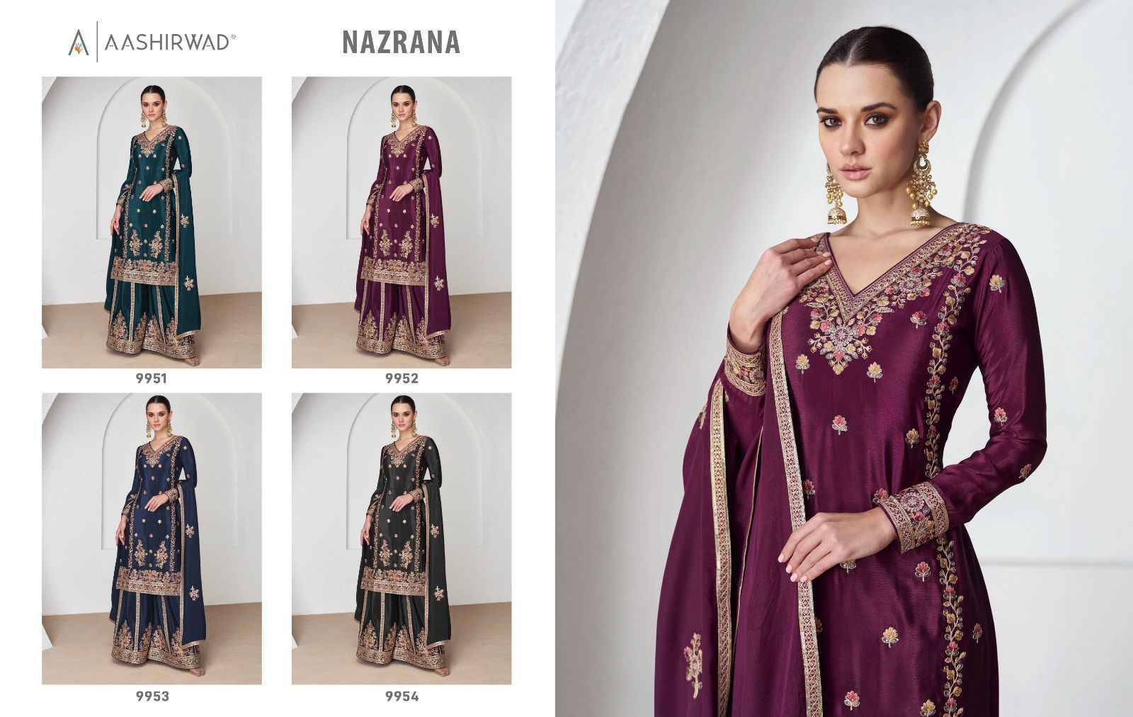 Nazrana By Aashirwad Creation 9951 To 9954 Series Beautiful Sharara Suits Colorful Stylish Fancy Casual Wear & Ethnic Wear Chinnon Silk Embroidered Dresses At Wholesale Price