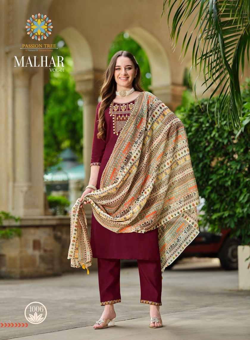 Malhar Vol-1 By Passion Tree 1001 To 1006 Series Beautiful Stylish Festive Suits Fancy Colorful Casual Wear & Ethnic Wear & Ready To Wear Roman Silk Dresses At Wholesale Price