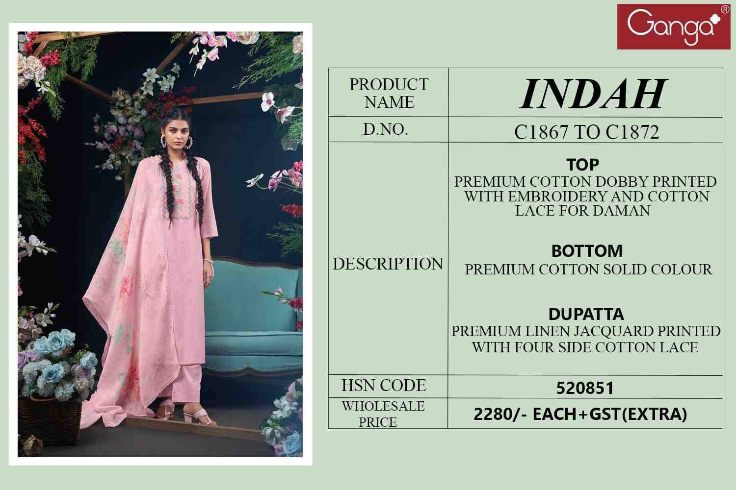 Indah By Ganga Fashion 1867 To 1872 Series Designer Festive Suits Beautiful Fancy Colorful Stylish Party Wear & Occasional Wear Pure Cotton Dresses At Wholesale Price