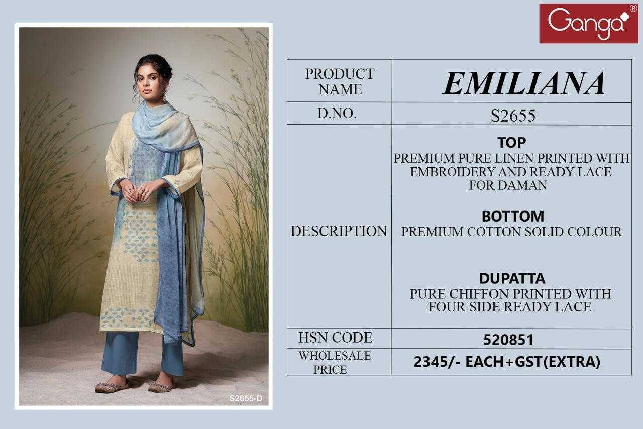 Emiliana-2655 By Ganga Fashion 2655-A To 2655-D Series Designer Festive Suits Beautiful Fancy Colorful Stylish Party Wear & Occasional Wear Pure Linen Dresses At Wholesale Price