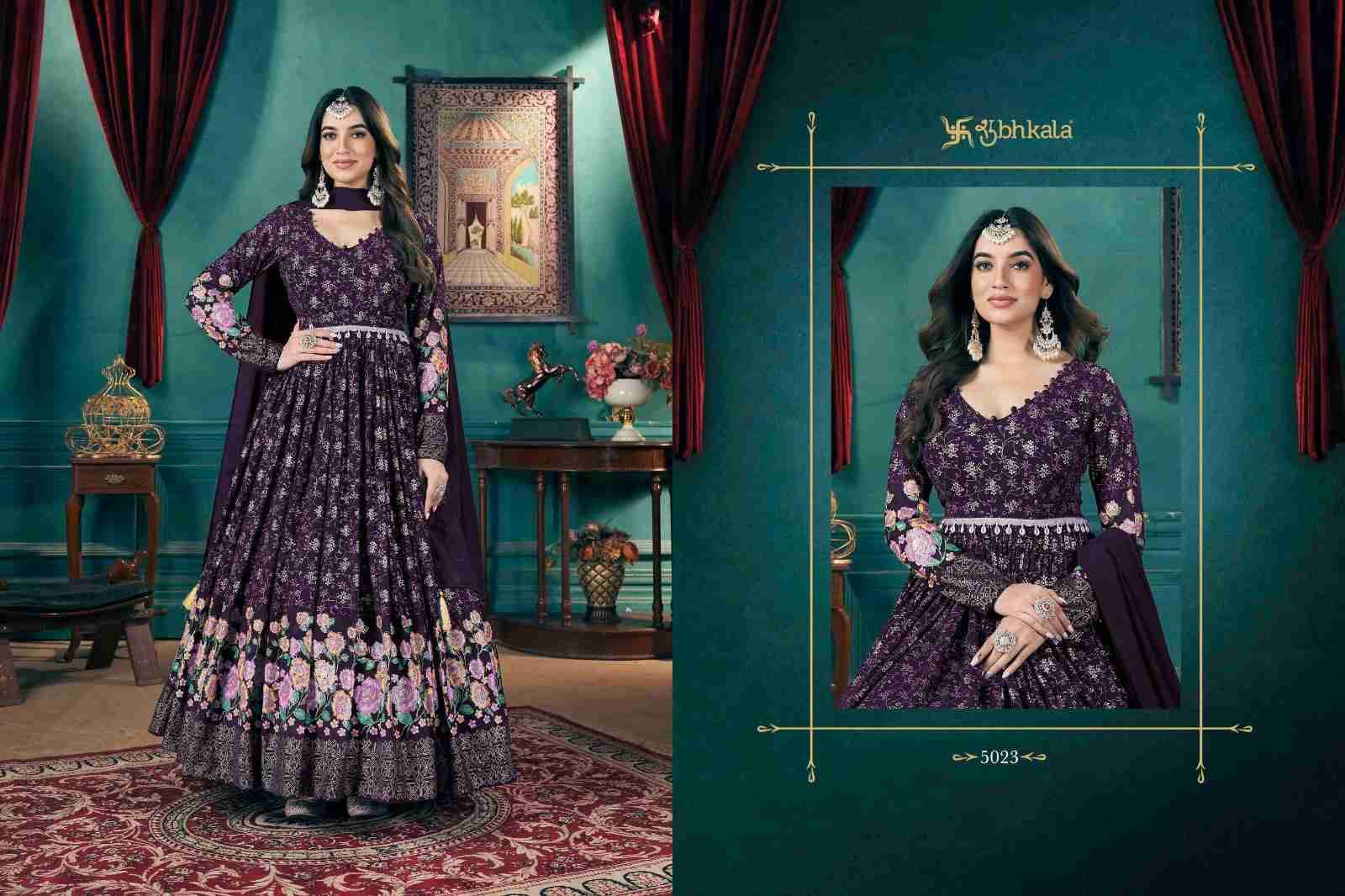 Flory Vol-46 By Shubhkala 5021 To 5024 Series Designer Stylish Fancy Colorful Beautiful Party Wear & Ethnic Wear Collection Faux Georgette Gown With Bottom At Wholesale Price