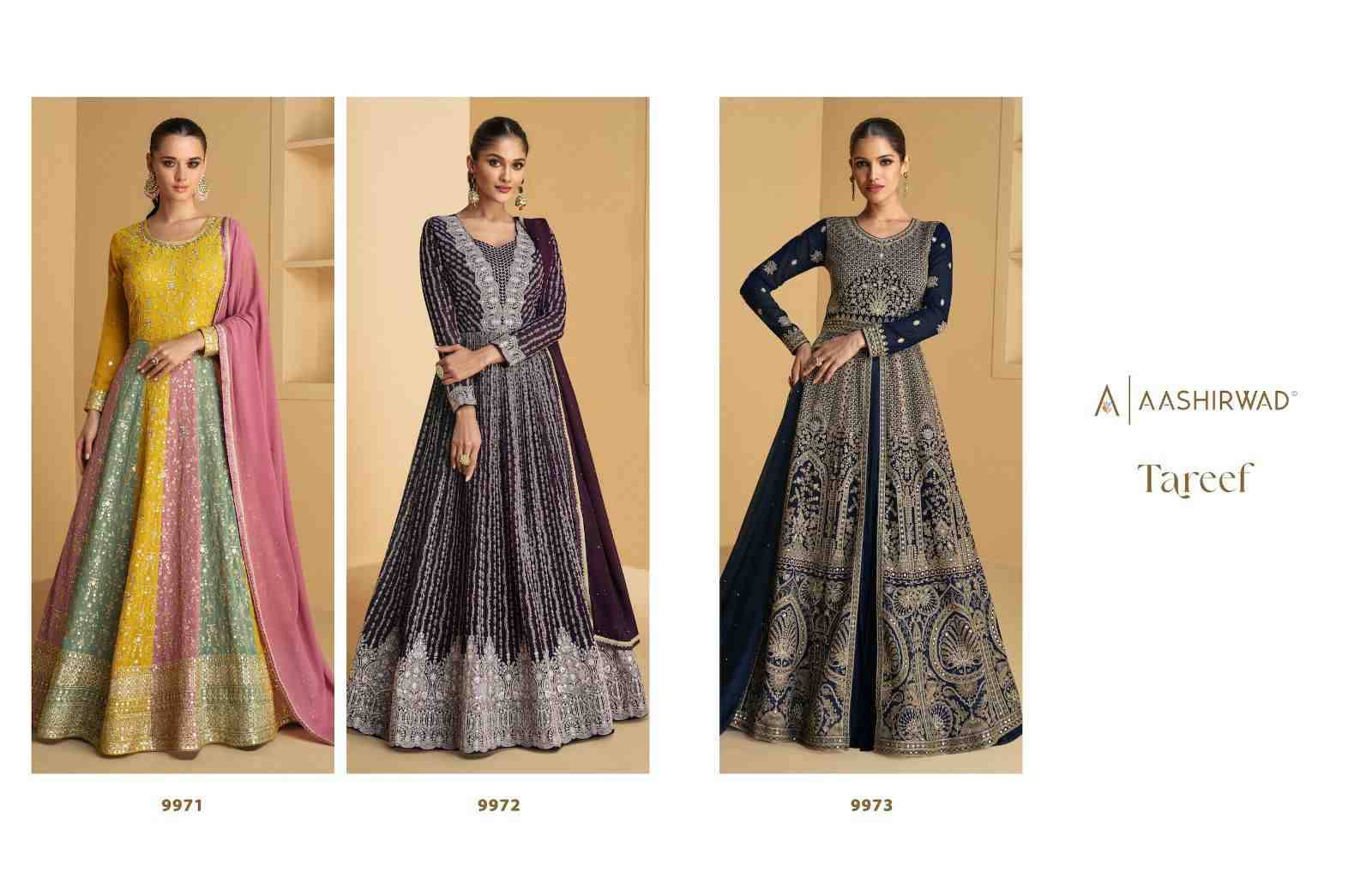 Tareef By Aashirwad Creation 9971 To 9973 Series Designer Stylish Fancy Colorful Beautiful Party Wear & Ethnic Wear Collection Georgette Gown With Bottom At Wholesale Price