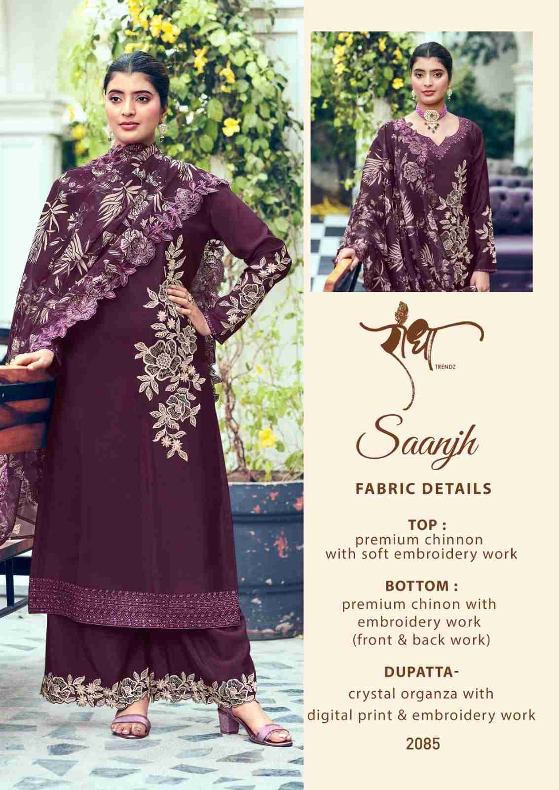 Saanjh By Radha Trendz 2081 To 2085 Series Beautiful Festive Suits Colorful Stylish Fancy Casual Wear & Ethnic Wear Pure Chinnon Dresses At Wholesale Price