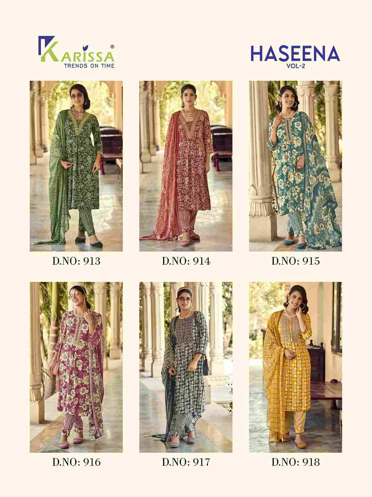 Haseena Vol-2 By Karissa 913 To 918 Series Festive Suits Beautiful Fancy Colorful Stylish Party Wear & Occasional Wear Rayon Dresses At Wholesale Price