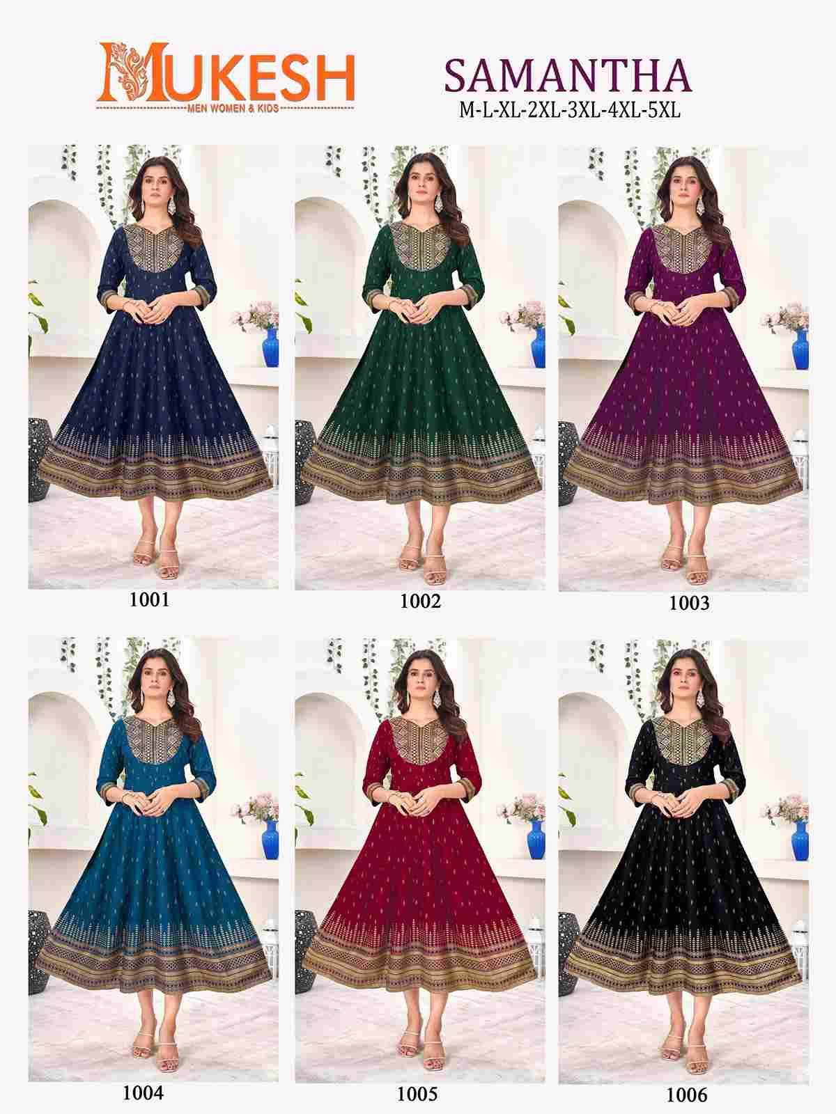 Samantha By Mukesh 1001 To 1006 Series Beautiful Stylish Fancy Colorful Casual Wear & Ethnic Wear Rayon With Work Gowns At Wholesale Price