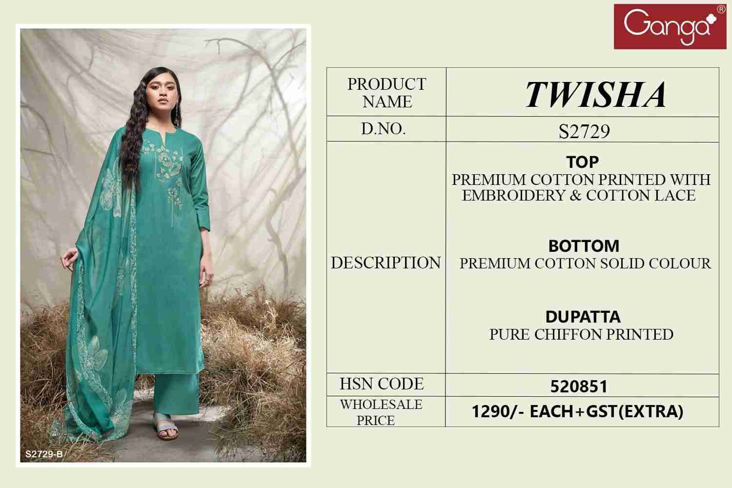 Twisha-2729 By Ganga Fashion 2729-A To 2729-D Series Designer Festive Suits Beautiful Fancy Colorful Stylish Party Wear & Occasional Wear Premium Cotton Dresses At Wholesale Price