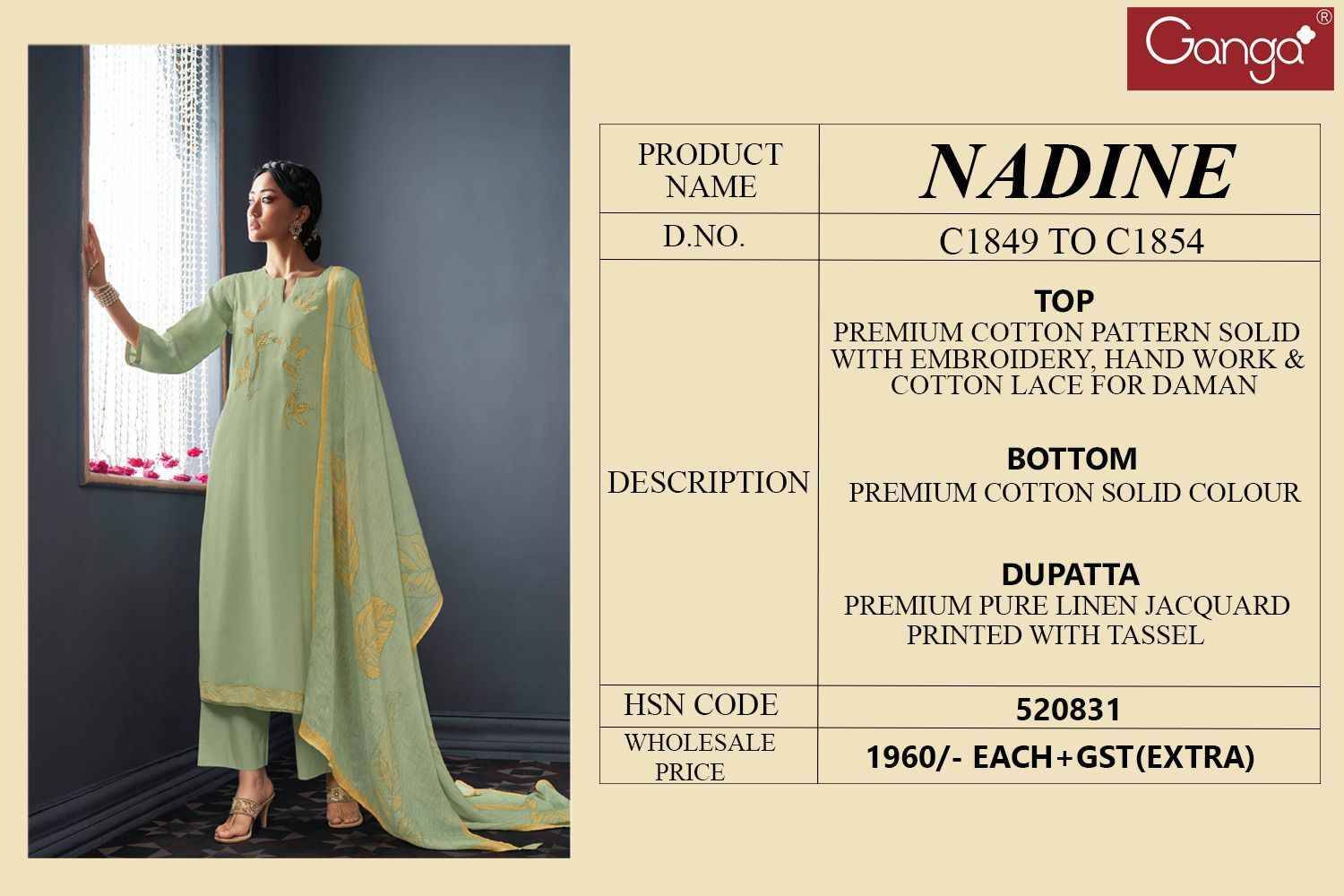 Nadine By Ganga Fashion 1849 To 1854 Series Designer Festive Suits Beautiful Fancy Colorful Stylish Party Wear & Occasional Wear Premium Cotton Dresses At Wholesale Price