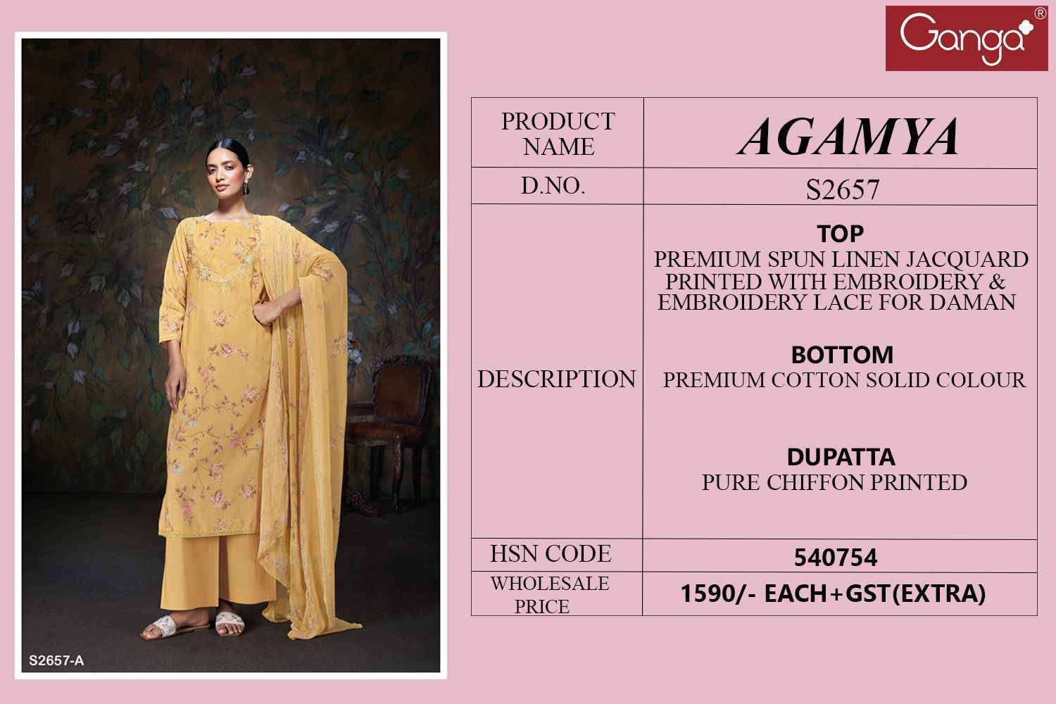 Agamya-2657 By Ganga Fashion 2657-A To 2657-D Series Beautiful Festive Suits Colorful Stylish Fancy Casual Wear & Ethnic Wear Premium Linen Jacquard Dresses At Wholesale Price