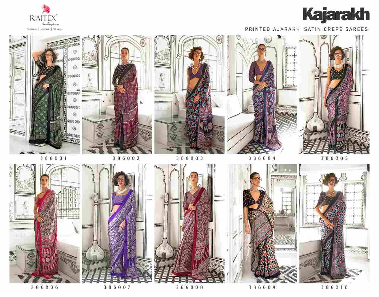 Kajarakh By Raj Tex 386001 To 386010 Series Indian Traditional Wear Collection Beautiful Stylish Fancy Colorful Party Wear & Occasional Wear Satin Crepe Sarees At Wholesale Price