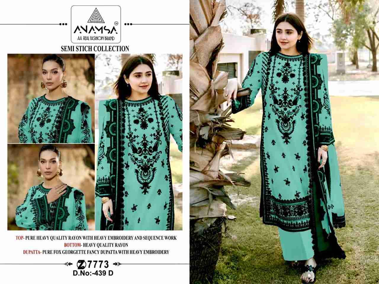 Anamsa Hit Design 439 Colours By Fashid Wholesale 439-A To 439-D Series Beautiful Pakistani Suits Colorful Stylish Fancy Casual Wear & Ethnic Wear Pure Rayon Embroidered Dresses At Wholesale Price