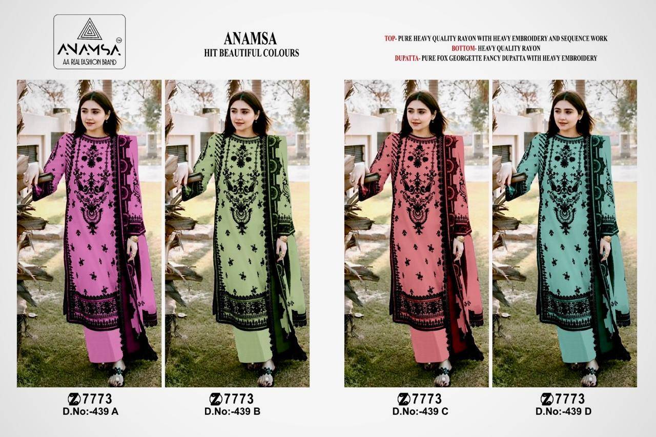 Anamsa Hit Design 439 Colours By Fashid Wholesale 439-A To 439-D Series Beautiful Pakistani Suits Colorful Stylish Fancy Casual Wear & Ethnic Wear Pure Rayon Embroidered Dresses At Wholesale Price