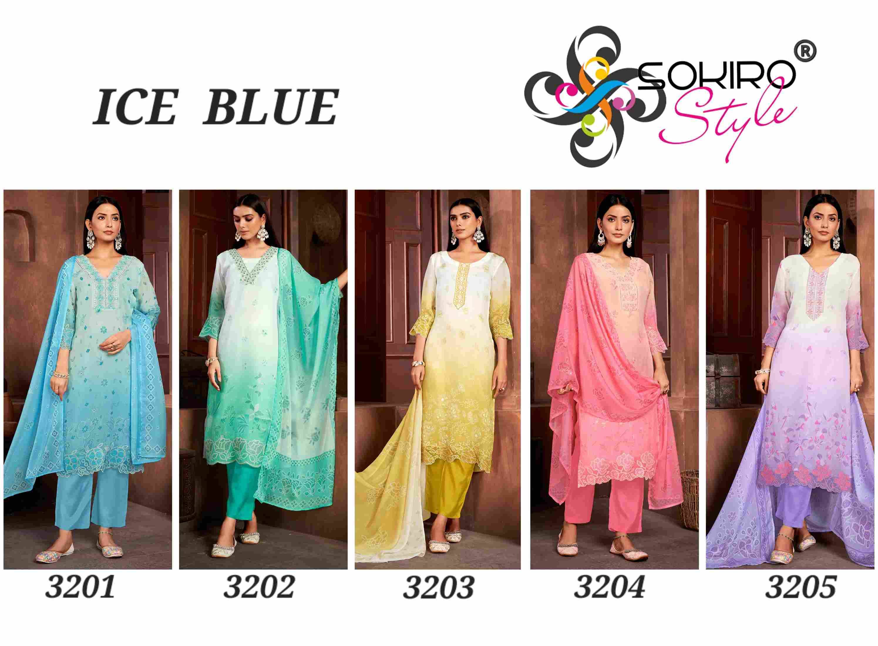 Ice Blue By Sokiro Style 3201 To 3205 Series Beautiful Festive Suits Colorful Stylish Fancy Casual Wear & Ethnic Wear Pure Organza Dresses At Wholesale Price