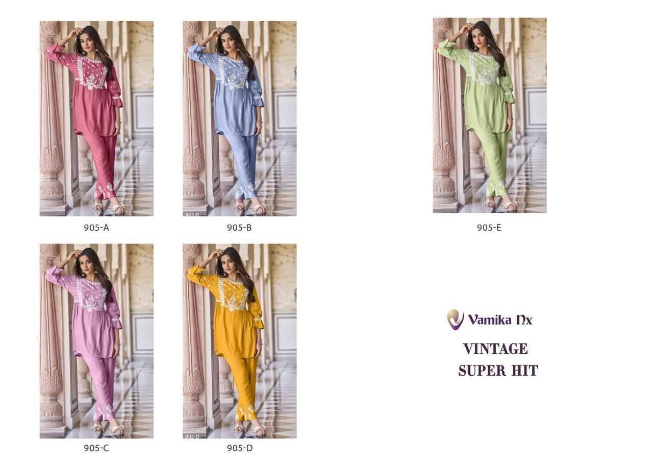 Vintage Super Hit By Vamika 905-A To 905-E Series Designer Stylish Fancy Colorful Beautiful Party Wear & Ethnic Wear Collection Heavy Rayon Co-Ord At Wholesale Price