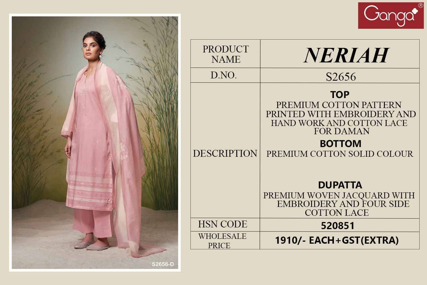 Neriah-2656 By Ganga Fashion 2656-A To 2656-D Series Beautiful Festive Suits Colorful Stylish Fancy Casual Wear & Ethnic Wear Premium Cotton Dresses At Wholesale Price