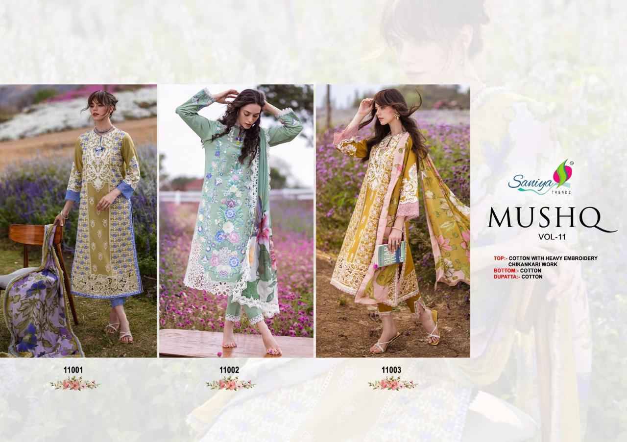 Mushq Vol-11 By Saniya Trendz 11001 To 11003 Series Beautiful Pakistani Suits Colorful Stylish Fancy Casual Wear & Ethnic Wear Cotton Embroidered Dresses At Wholesale Price