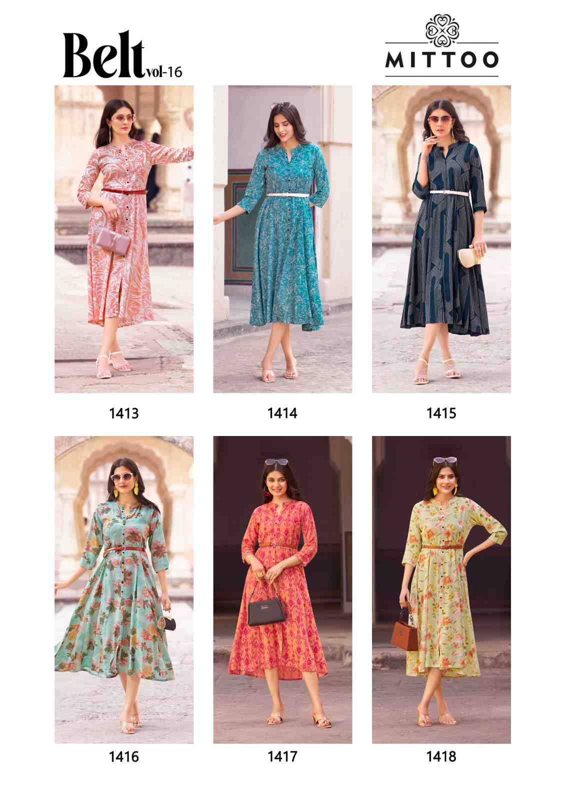 Belt Vol-16 By Mittoo 1413 To 1418 Series Designer Stylish Fancy Colorful Beautiful Party Wear & Ethnic Wear Collection Rayon Print Kurtis At Wholesale Price