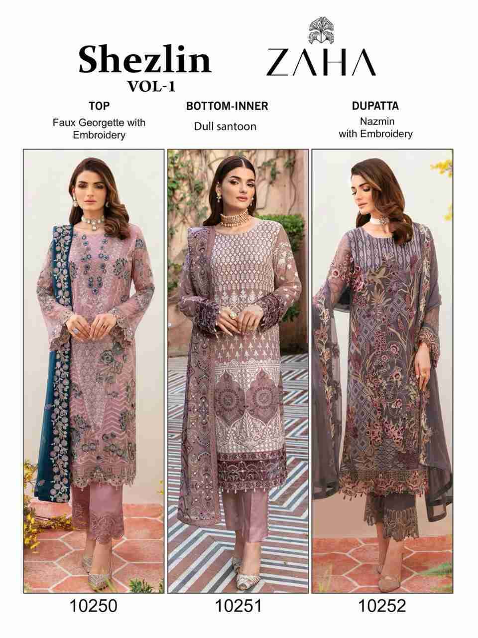 Shezlin Vol-1 By Zaha 10250 To 10252 Series Beautiful Pakistani Suits Colorful Stylish Fancy Casual Wear & Ethnic Wear Faux Georgette Dresses At Wholesale Price