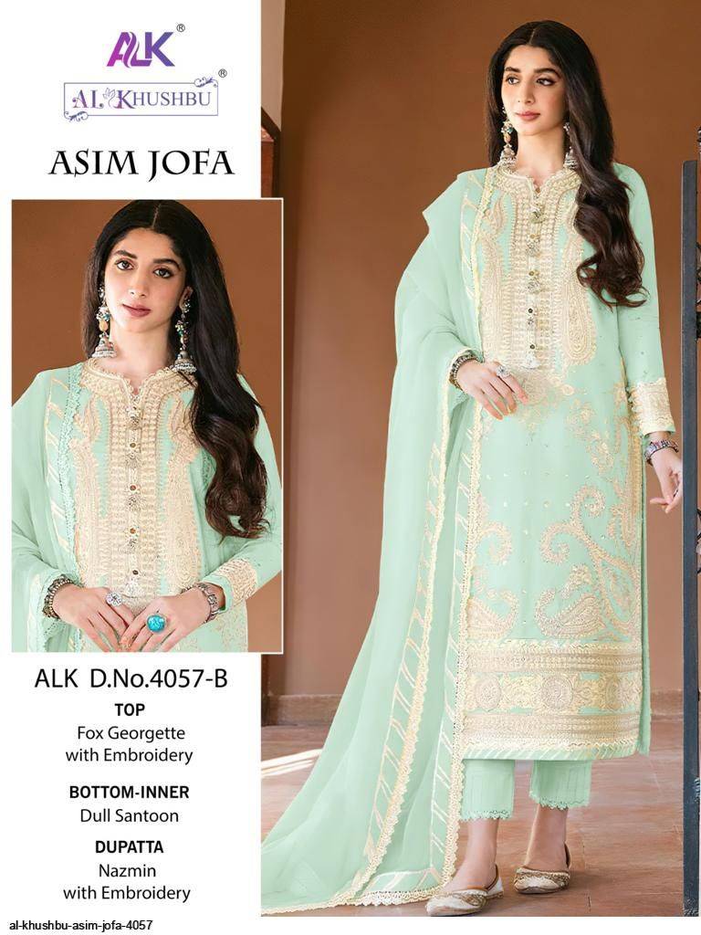 Asim Jofa By Al Khushbu 4057-A To 4057-D Series Designer Pakistani Suits Beautiful Stylish Fancy Colorful Party Wear & Occasional Wear Faux Georgette With Embroidery Dresses At Wholesale Price