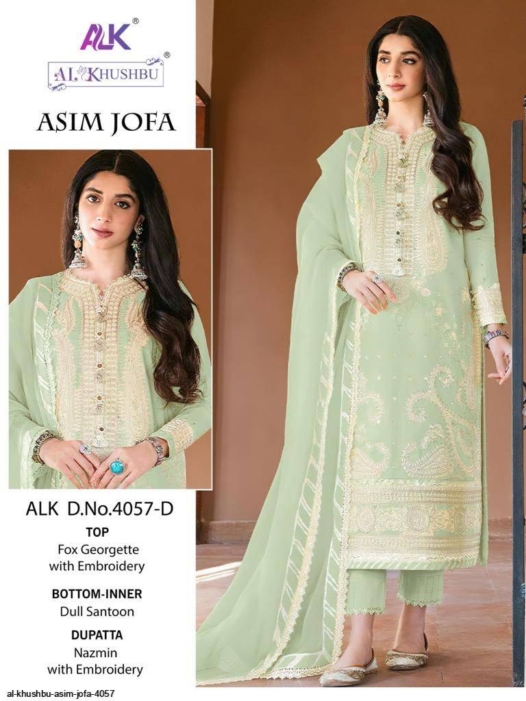 Asim Jofa By Al Khushbu 4057-A To 4057-D Series Designer Pakistani Suits Beautiful Stylish Fancy Colorful Party Wear & Occasional Wear Faux Georgette With Embroidery Dresses At Wholesale Price